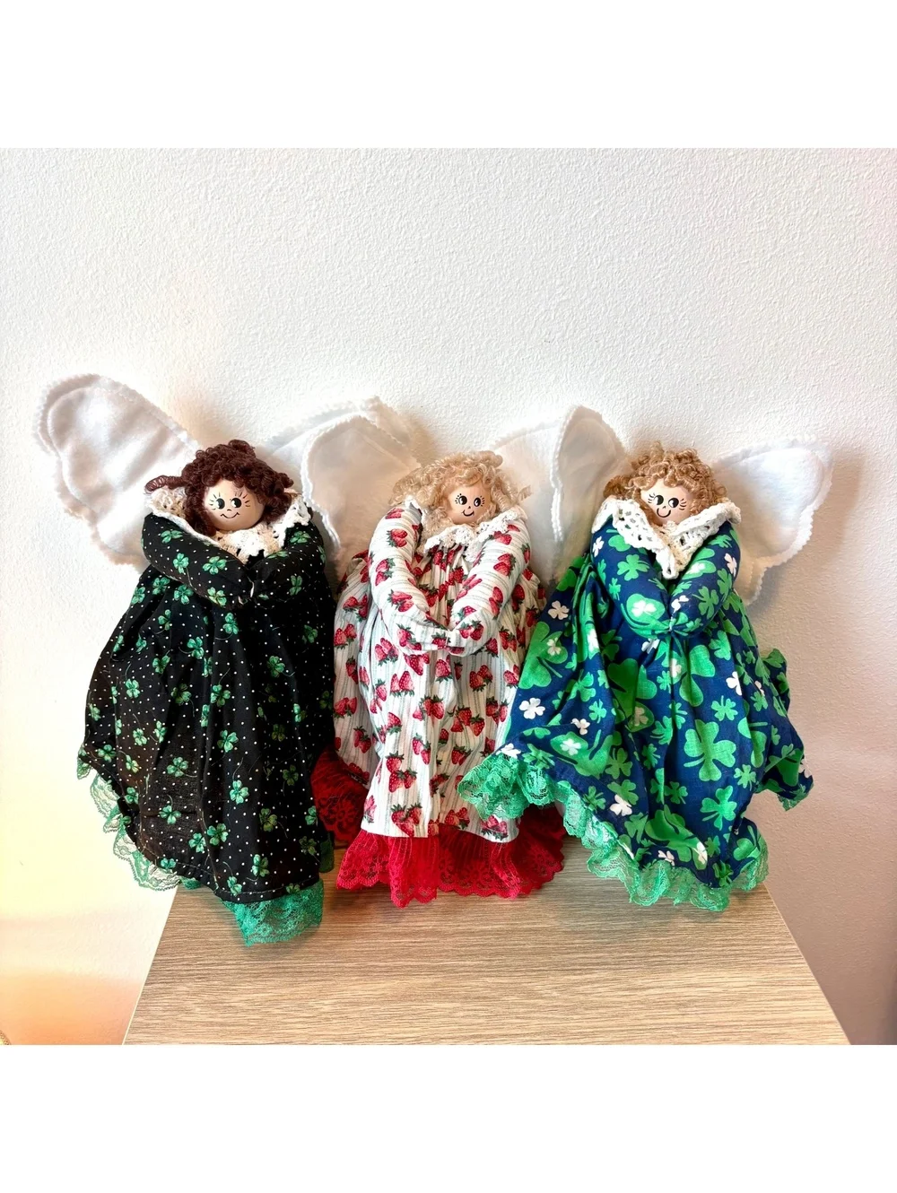 Vintage Handmade Cloth Angel Dolls Set of 3 Shamrock Irish St Patrick’s Day